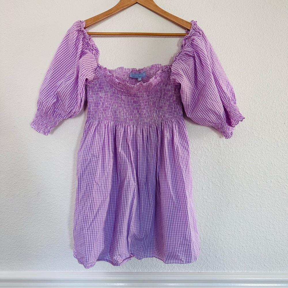 Hill House Lilac Gingham Smocked Mini Dress